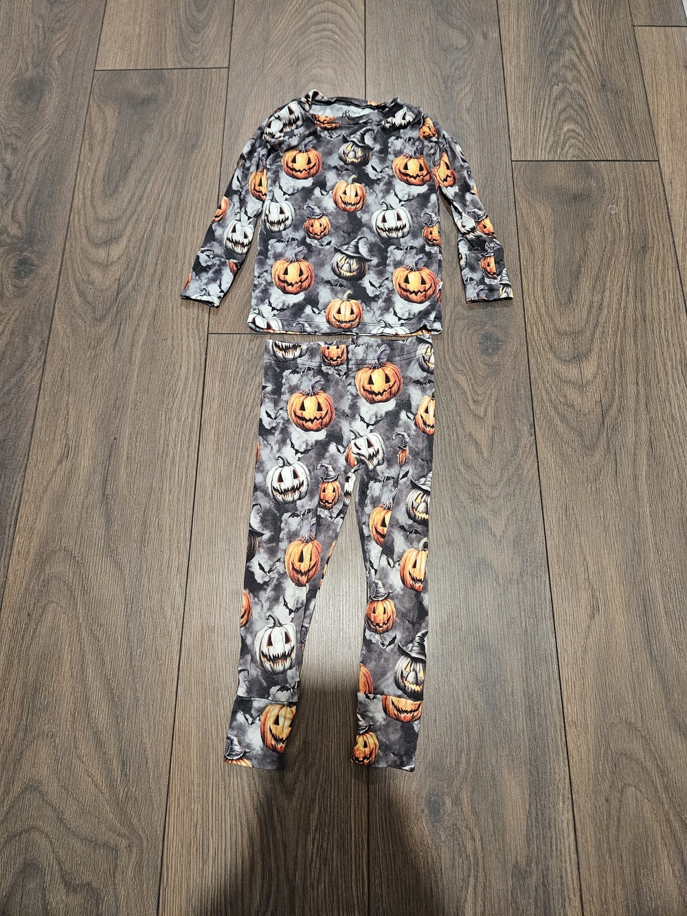 Kids Halloween Pumpkin Pajama Set Bamboo- Gray & Orange 3T